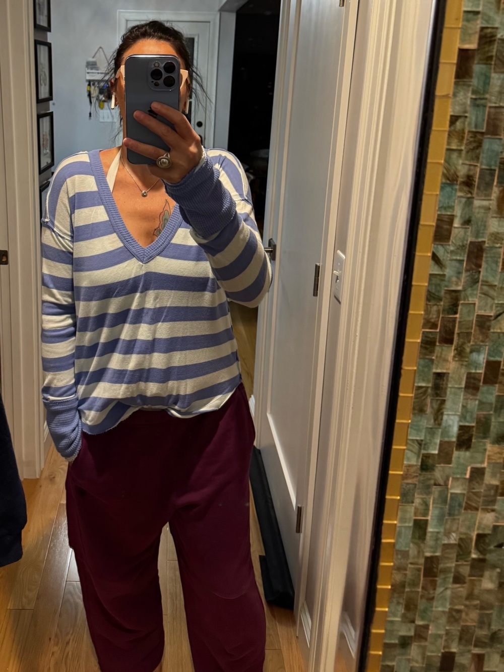 Free People Blue & White Striped V-Neck Pullover